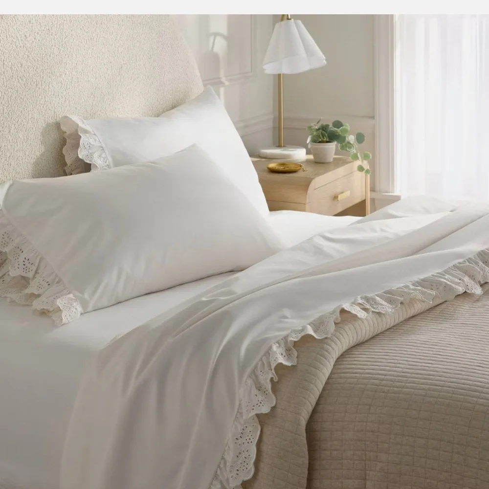 Queen 400 Thread Count Performance Sheet Set Ivory with Eyelet Ruffle Hem